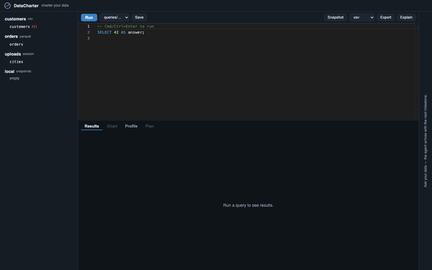 The DataCharter workspace: source tree, SQL editor, and Results, Chart, Profile, and Plan tabs